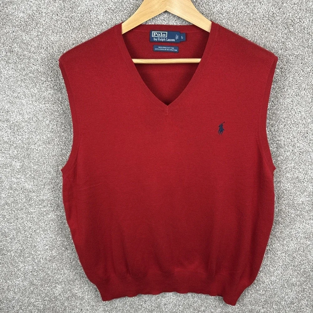 Polo Ralph Lauren Mens Red 100% Pima Cotton V-Neck Sweater Vest Size Large